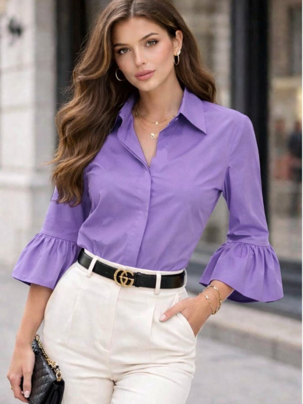 BCBGMaxazria Button Down ¾ Bell Sleeves Blouse